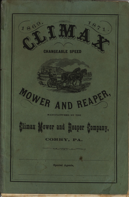 Illustrated catalog describing the mower and reapers offered by Climax Mower and Reaper Company.