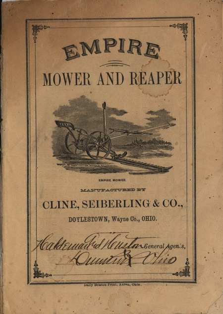 Illustrated catalog describing the Empire mower and reaper product line offered by Cline, Seiberling and Company in 1878.