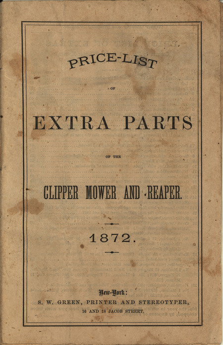 Price list for extra parts offered by the Clipper Mower and Reaper Company in 1872, includes illustrations.