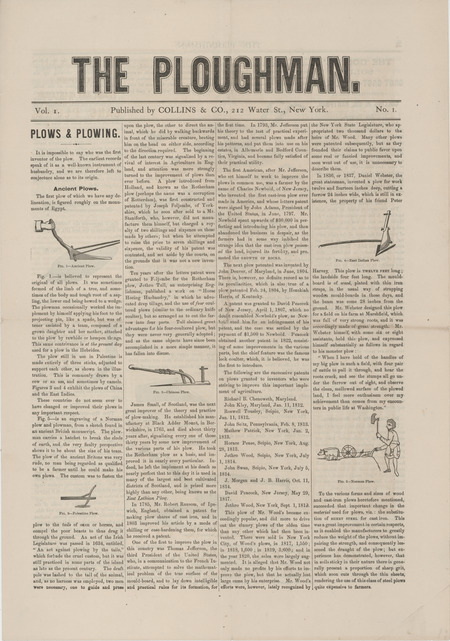 The Ploughman catalog in the form of a newspaper describing plows offered by Collins and Company, includes illustrations, testimonials and a price list.