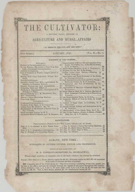 The Cultivator publication from January 1845, volume 2, number 1. The publication includes editorials and illustrations on agricultural and rural affairs.