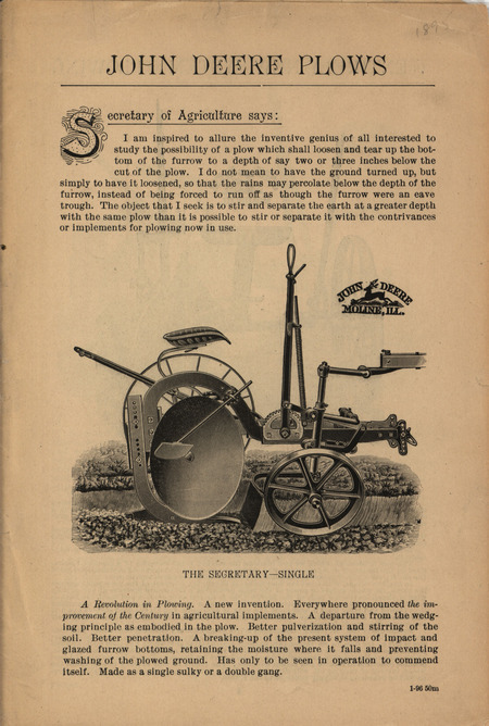 Illustrated catalog for the plows offered by John Deere Company, including a statement from the secretary of agriculture.