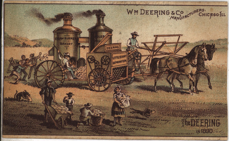 Illustrated advertisement card for WM. Deering and Company agricultural implements depicting a Deering machine in the field.