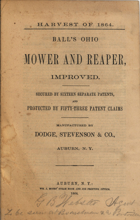 Illustrated catalog describing the Ball's Ohio mower and reaper offered by the Dodge, Stevenson and Company.