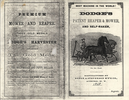 Reproduction of an illustrated catalog for the reaper, mower and self-raker offered by Dodge and Stevenson Manufacturing Company in 1868.