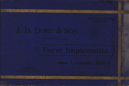 Illustrated catalog describing the farm implements offered by J. B. Dore and Sons in 1896.