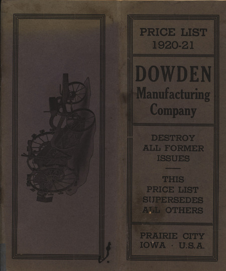 Illustrated price list for the agricultural implements and related products offered by Dowden Manufacturing Company in 1920-1921.