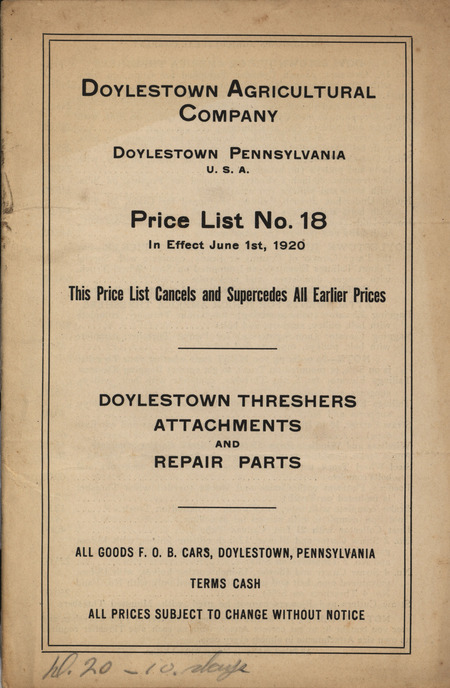 Price list for the agricultural threshers, attachments and repair parts offered by the Doylestown Agricultural Company in 1920.