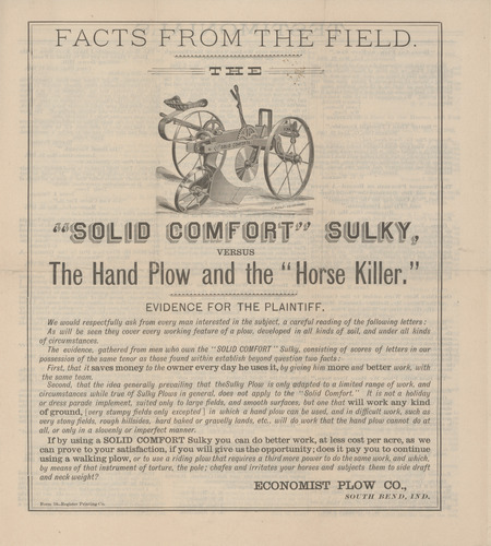 Advertisement pamphlet for the agricultural products offered by Economist Plow Company, including testimonials from the field.