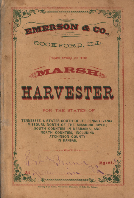 Catalog describing the marsh harvester and related products offered by the Emerson and Company.