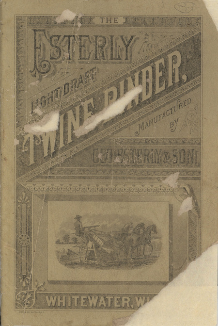 Illustrated catalog describing the Esterly Light Draft Twine Binder and related agricultural products offered by Geo. Esterly and Son in 1883.