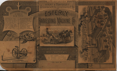 Pocket book for Esterly Harvesting Machine Company from 1885 including calendar, advertisements and notebook pages.