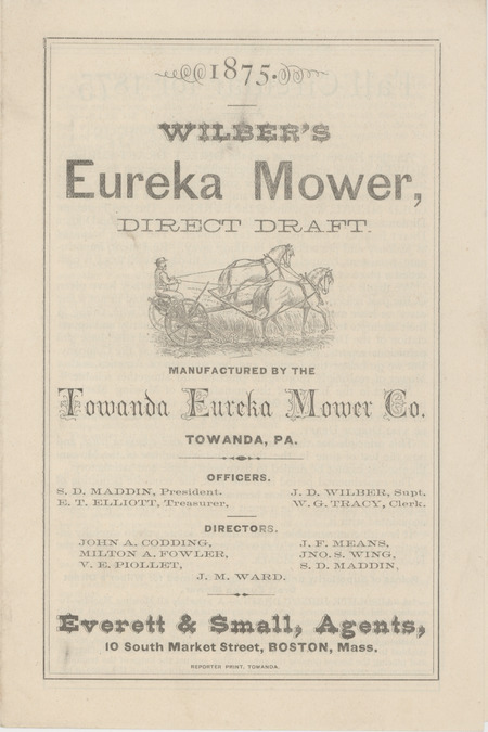 Illustrated catalog describing the agricultural implements offered by Towanda Eureka Mower Company in 1875.