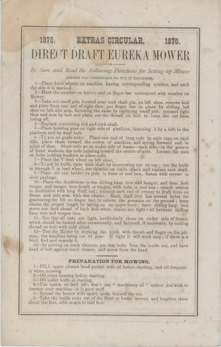 Catalog describing repair and extra parts for agricultural implements offered by Towanda Eureka Mower Company.