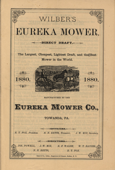 Illustrated catalog describing the agricultural products offered by Eureka Mower Company, including a price list and directions for use.