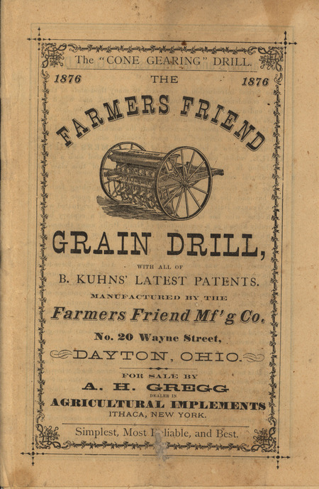 Illustrated catalog describing the grain drill and related products offered by Farmers Friend Manufacturing Company in 1876.