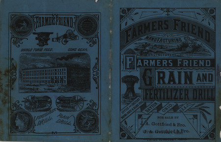 Illustrated catalog describing the agricultural drills and related products offered by Farmers Friend Manufacturing Company in 1879.