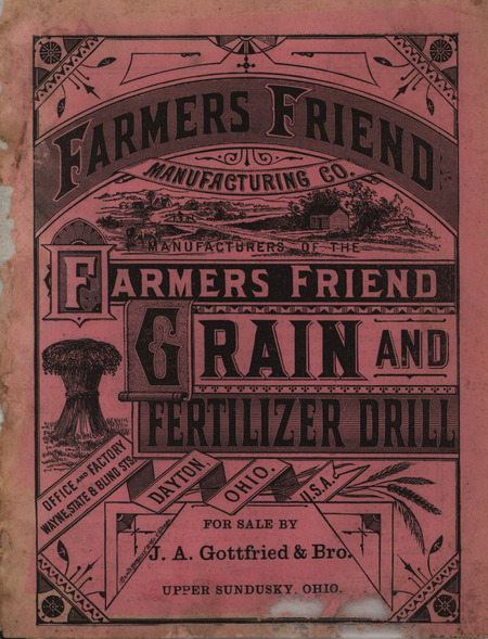 Illustrated catalog describing the agricultural drills and related products offered by Farmers Friend Manufacturing Company in 1879.