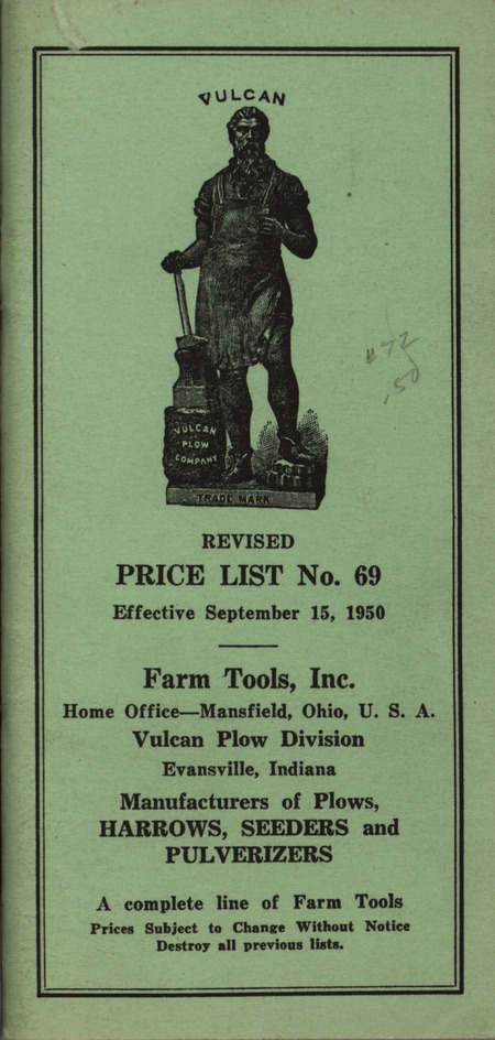 Vulcan Plow Company agricultural machinery catalog and price listings. Contains illustrations and descriptions of machinery.