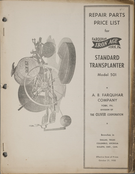 Illustrated repair parts price list for the standard transplanter offered by the A. B. Farquhar Company.