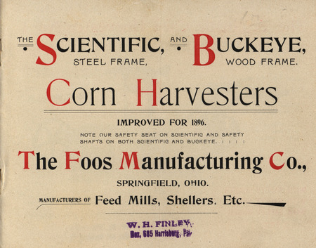 Illustrated catalog describing the corn harvesters offered by The Food Manufacturing Company in 1896.