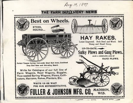 Illustrated advertisement for Fuller and Johnson Manufacturing Company in 1897.