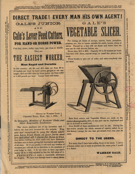 Advertisement from the Gale Manufacturing Company depicting Lever Feed Cutters and Vegetable Slicers, including a description and various reviews of the product.