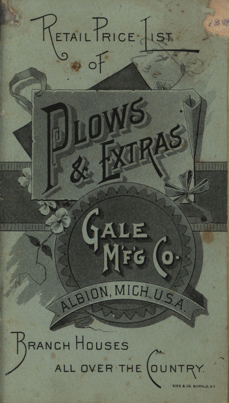 Illustrated price list for the plows and extras offered by the Gale Manufacturing Company in 1889.