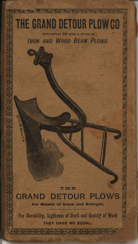 Illustrated catalog describing the agricultural implements offered by Grand Detour Plow Company in 1882.