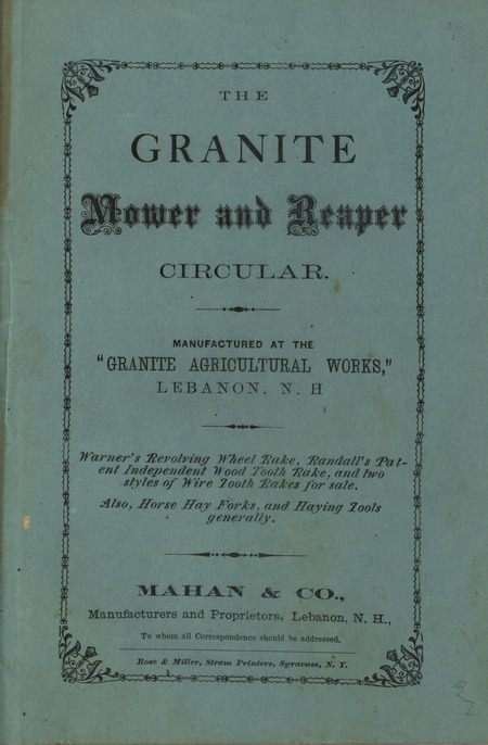 Illustrated catalog describing the Granite Agricultural Works offered by Mahan and Company.