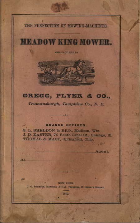 Illustrated catalog describing the meadow king mower and related agricultural products offered by Gregg, Plyer and Company in 1870.