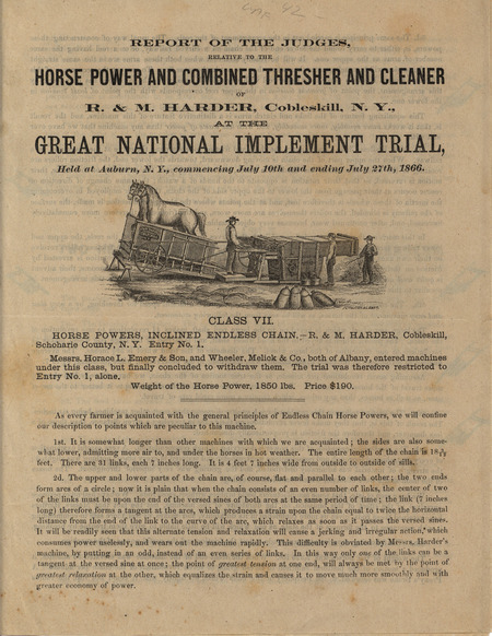 Report describing the unique features of the horse power and combined thresher and cleaner offered by R. and M. Harder in 1866.