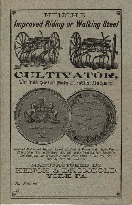 Illustrated catalog describing the cultivator and related attachments offered by Hench and Dromgold Company in 1891.