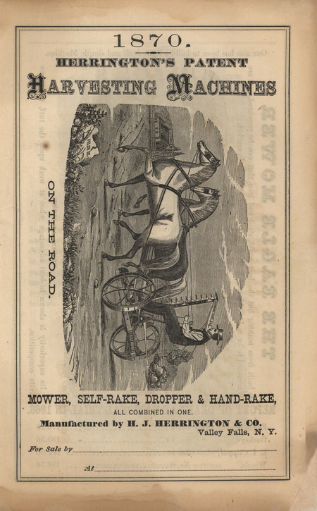 Illustrated catalog describing the harvesting machines offered by H. J. Herrington and Company in 1870.