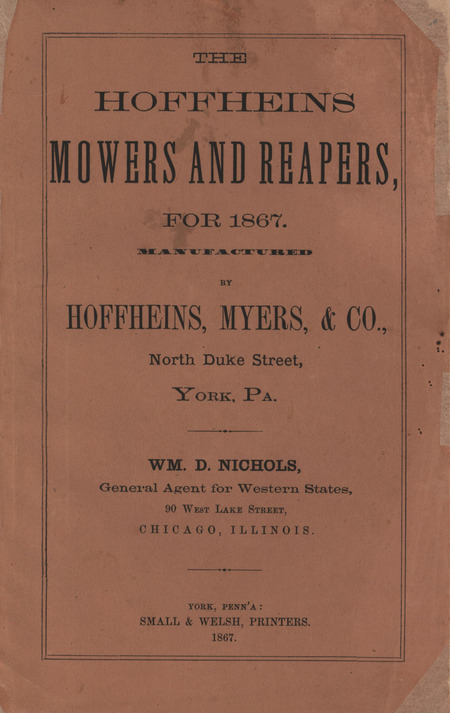 Agricultural catalogue for The Hoffheins Mowers and Reapers in 1867.