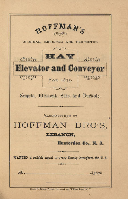 Illustrated catalog describing the hay elevator and conveyor offered by Hoffman Brothers Company in 1875.