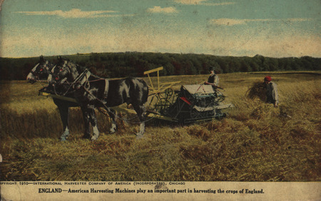 Illustrated postcard advertising the presence American machines made by the International Harvester Company.