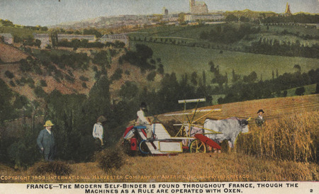 Illustrated postcard advertising the presence of the International Harvester Company of America in France.