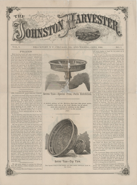 Illustrated catalog describing the agricultural implements offered by Johnston Harvester Company in 1880.