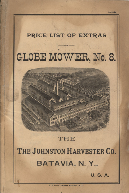 Illustrated price list for the no. 8 globe mower offered by Johnston Harvester Company in 1894.