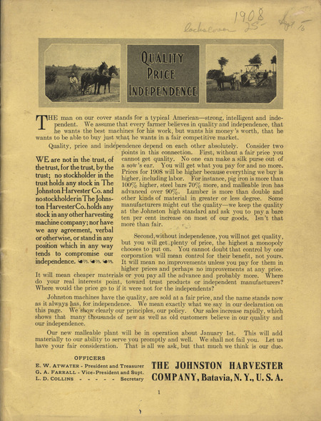 Illustrated catalog describing the agricultural implements offered by Johnston Harvester Company in 1908.