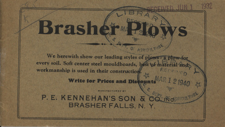 Illustrated catalog describing the Brasher Plows product line offered by P. E. Kennehan's Son and Company in 1932.