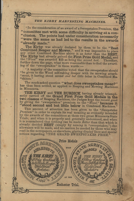 Pages from an illustrated catalog describing the agricultural implements offered by the Kirby Harvesting Machines in 1872.