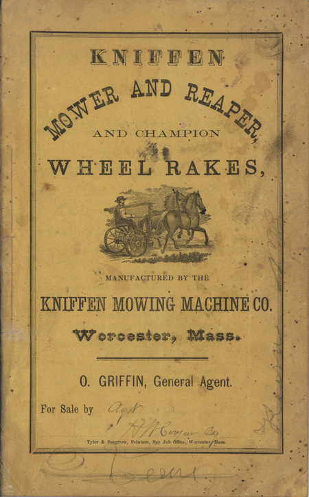 Illustrated catalog describing the agricultural implements offered by the Kniffen Mowing Machine Company in 1869.