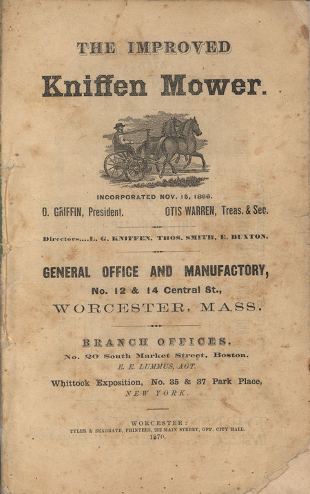 Illustrated catalog describing the Kniffen mower offered by the Dennison and Company in 1870, includes an explanation of features and a price list.