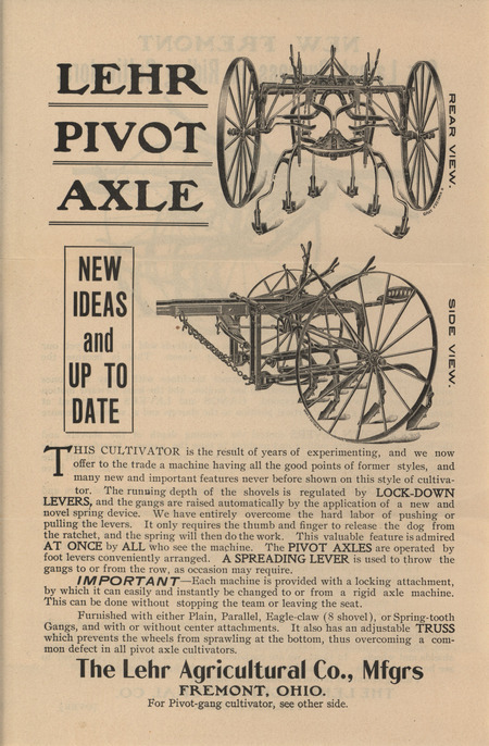 Illustrated advertisement for the pivot axle cultivator offered by the Lehr Agricultural Company in 1905.