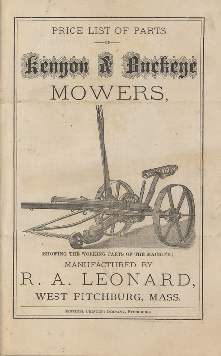 Illustrated price list of parts for the Kenyon and Buckeye Mowers offered by R. A. Leonard.