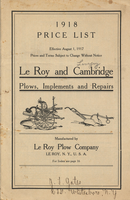 Illustrated price list for plows, implements and repairs offered by the Le Roy Plow Company in 1918.