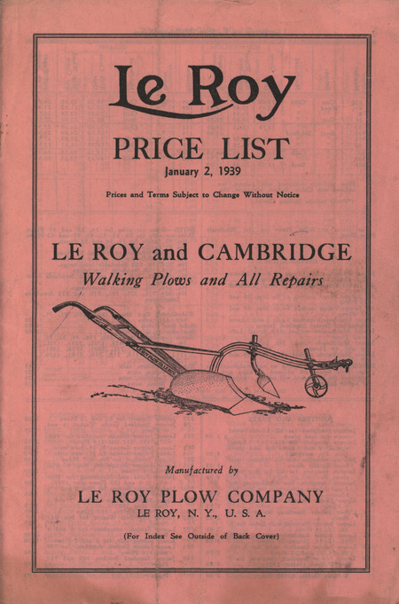 Illustrated price list for the plows and repairs offered by Le Roy Plow Company in 1939.