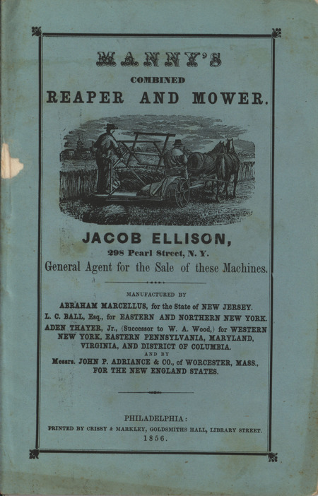 Illustrated catalog describing the reaper and mower offered by John P. Adriance and Company in 1856.
